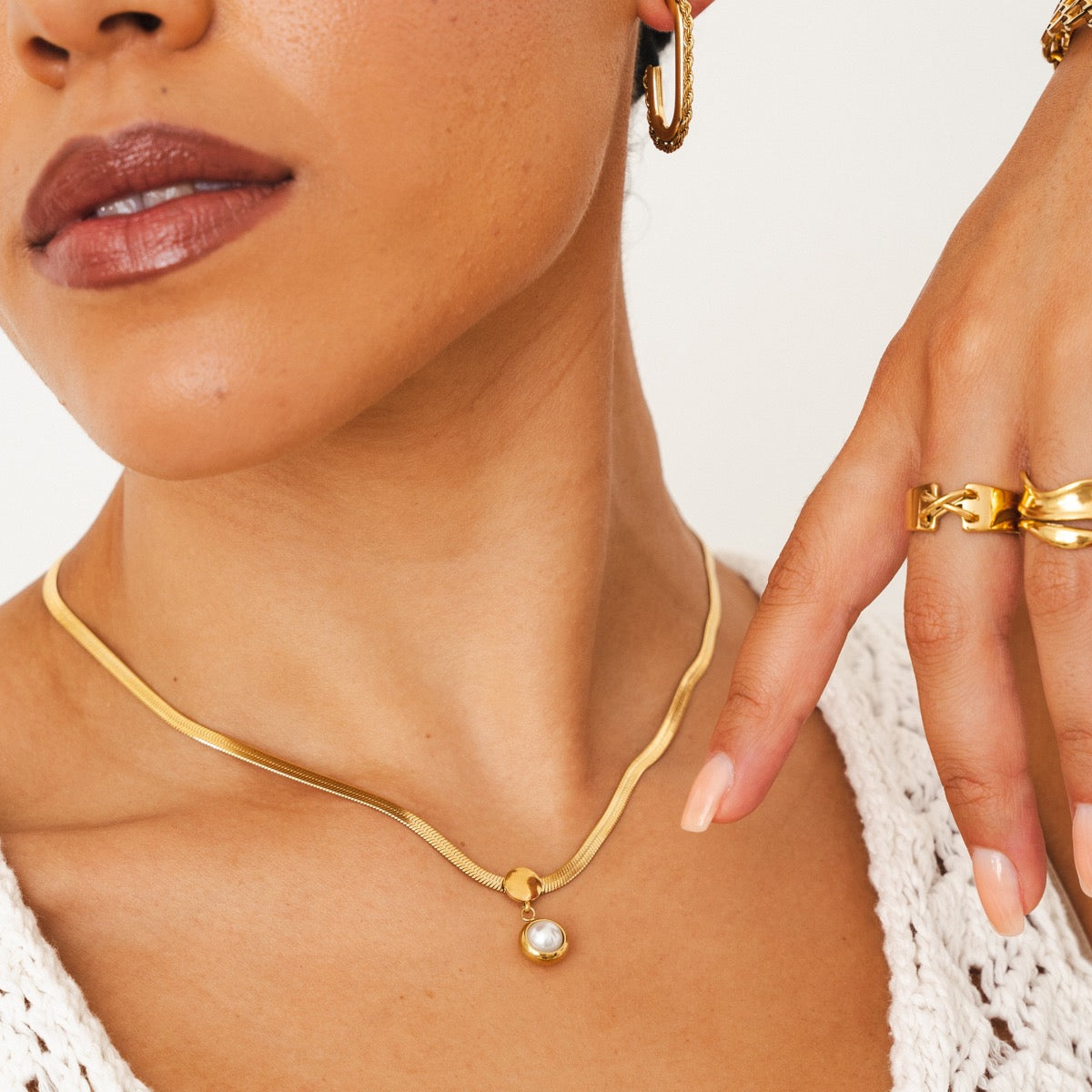 Snake Chain Necklace with Pearl Pendant