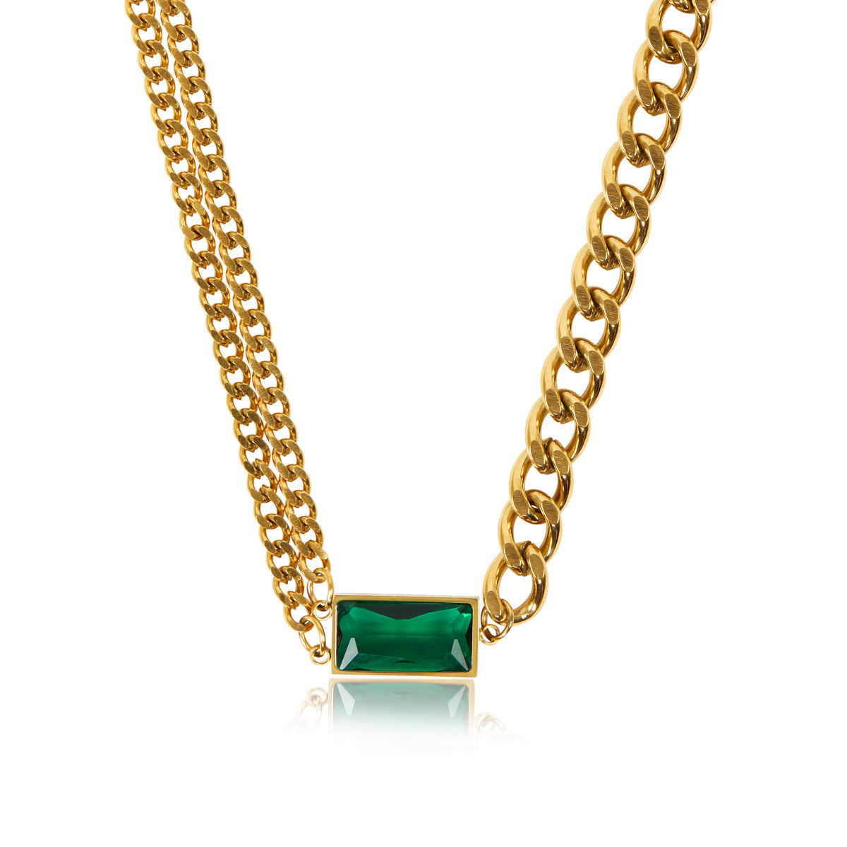 Double Cuban Chain Necklace with Emerald