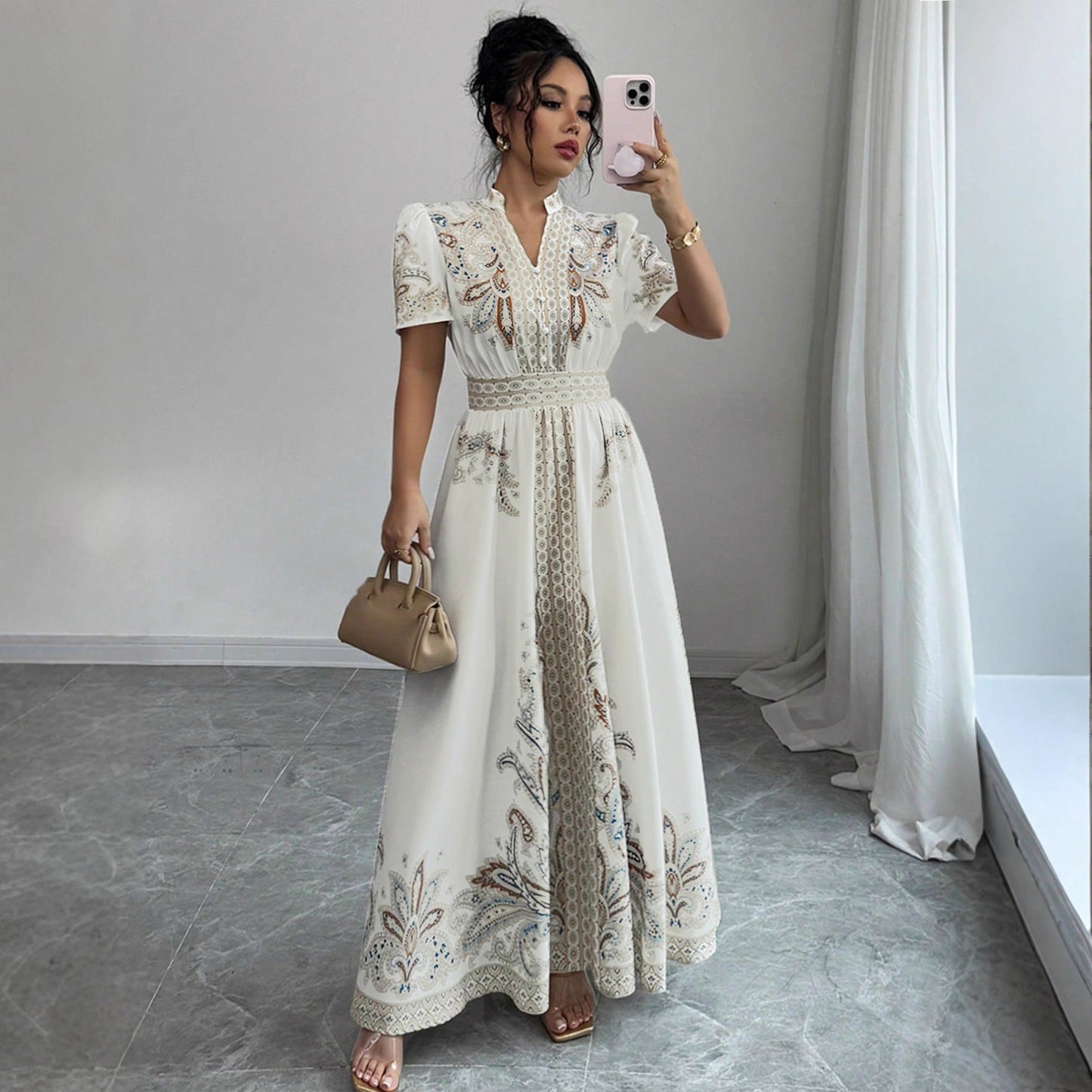 Paisley-patterned, High-waisted, Stand-collar Lace-trimmed, Draping Maxi Dress