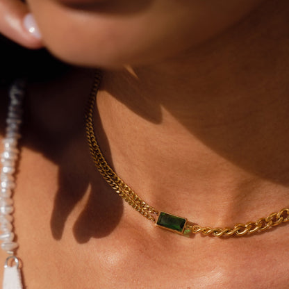 Double Cuban Chain Necklace with Emerald